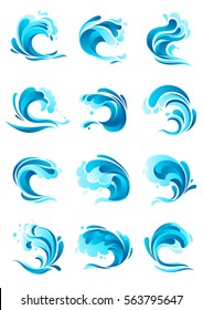 Waves vector isolated icons. Emblems set of ocean or sea blue waves, water splashes and wavy flows with surfing gales and tide water rollers, foamy stormy curls and stormy curling sea waves