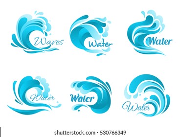 Waves vector isolated icons. Ocean water wave blue symbols in form of splashes, tide water rollers, stormy curling sea waves, foamy stormy curls, wavy flows with surfing gales.