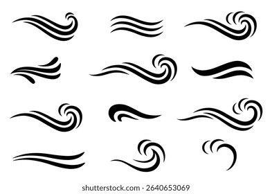 Waves water black set icons, design elements, splash and swirl, emblems and signs