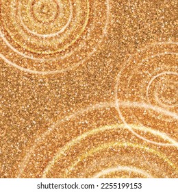 Waves from water drops on golden background. Glittering background for product display. illustration.