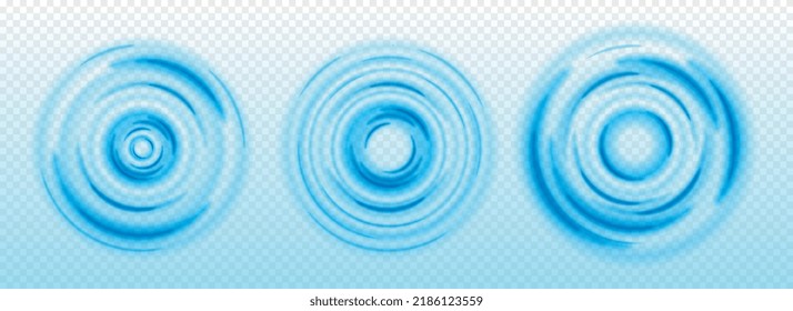 Olas de agua rizadas. La gota cae en líquido azul, afiches y banners para el sitio web. Leyes físicas y fuerza de atracción. Efectos de caída o de salpicadura de ondas acústicas. Ilustración vectorial plana realista