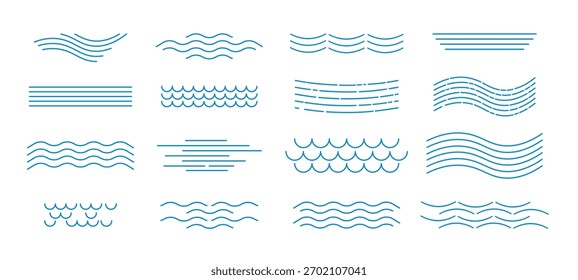 Waves and water set of simple linear illustrations. Water surface icon, wavy, calm, in motion, scalloped. Vector elements, clip art