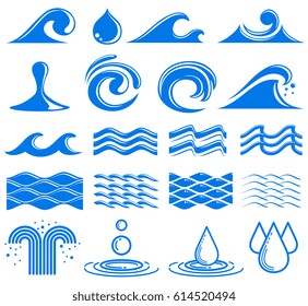 Waves and water vector symbols. Set of water logos wave and fountain, illustration of water element