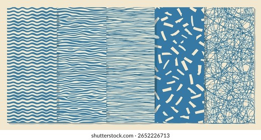 Waves, wavy endless stripes rectangle backgrounds set, marine, sea patterns collection. Winding hand drawn streaks, doodle wriggling lines, pinstripes, stylized water. 