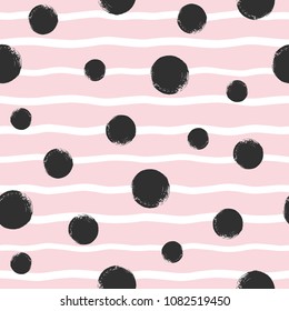 Ondas, rayas onduladas, estrías y círculos dibujados en brochas, formas redondas, manchas, grandes puntos de polka repiten perfectamente el patrón vectorial. Color rosa, blanco y negro, diseño, fondo de belleza. Bordes desiguales.