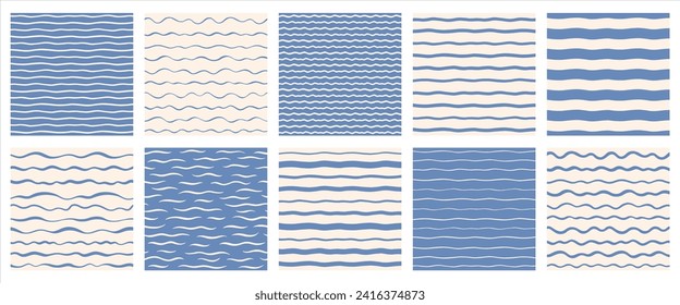 Waves, wavy, wriggling endless stripes patterns set, hand drawn collection. Winding streaks, bars, crooked doodle lines. Water, sea, river, marine textures collection. Stylized water backgrounds