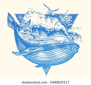 Waves and whale, sea fish in vintage style. Hand drawn vector illustration for poster, tattoo, t-shirt and card design