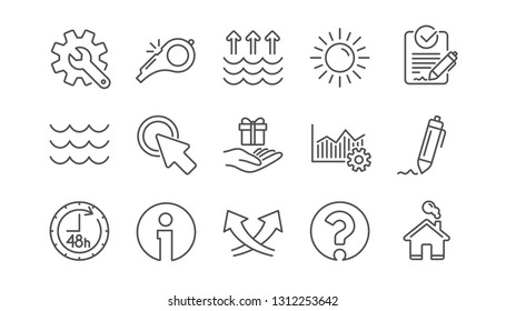 Waves, Whistle and Global warming line icons. Signature, Analytics and Question mark. Linear icon set.  Vector