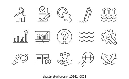 Waves, Whistle and Global warming line icons. Signature, Analytics and Question mark. Linear icon set.  Vector
