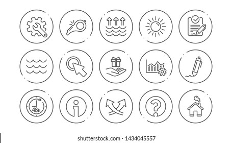 Waves, Whistle and Global warming line icons. Signature, Analytics and Question mark. Linear icon set. Line buttons with icon. Editable stroke. Vector