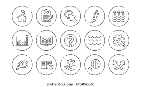 Waves, Whistle and Global warming line icons. Signature, Analytics and Question mark. Linear icon set. Line buttons with icon. Editable stroke. Vector