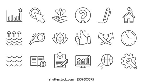 Waves, Whistle and Global warming line icons. Signature, Analytics and Question mark. Linear icon set. Quality line set. Vector