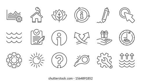 Waves, Whistle and Global warming line icons. Signature, Analytics and Question mark. Linear icon set. Quality line set. Vector
