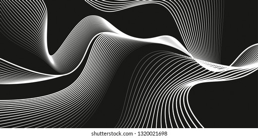 Waves of white lines. Monochrome background, black backdrop, abstract dark wallpaper, vector design 
