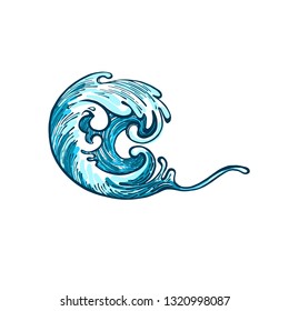 Waves, whitecaps. Print on t-shirt, cover. Postcard. Element. Impressionism. Art. Symbol of movement, the flow of. Vector illustration. Picturesque tattoo. Ocean or sea wave.