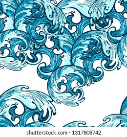 Waves, whitecaps. Seamless pattern in the form of ocean waves. Printing on fabric, textiles. Pattern. Design for bed linen, cover. Print for interior. Wallpaper or wrapping paper.  Impressionism. 