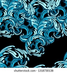 Waves, whitecaps. Seamless pattern in the form of ocean waves. Printing on fabric, textiles. Pattern. Design for bed linen, cover. Print for interior. Wallpaper or wrapping paper.  Impressionism. 