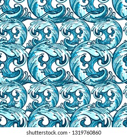 Waves, whitecaps. Seamless pattern in the form of ocean waves. Printing on fabric, textiles. Pattern. Design for bed linen, cover. Print for interior. Wallpaper or wrapping paper.  Impressionism. 