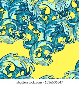 Waves, whitecaps. Seamless pattern in the form of ocean waves. Printing on fabric, textiles. Pattern. Design for bed linen, cover. Print for interior. Wallpaper or wrapping paper.  Impressionism. 