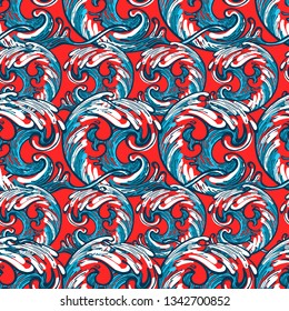 Waves, whitecaps. Seamless pattern in the form of ocean waves. Printing on fabric, textiles. Pattern. Design for bed linen, cover. Print for interior. Wallpaper or wrapping paper.  Impressionism. 