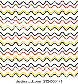 Waves yellow black red horizontal on a white background. Fabric design with waves, textured.