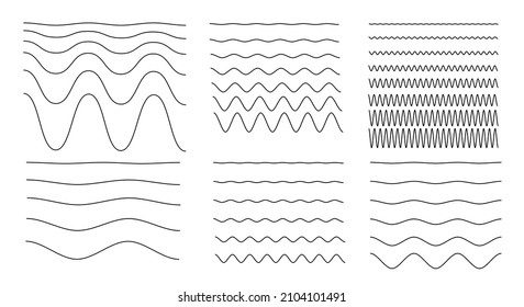 Waves und Zigzag. Wavy-Linie. Schweres Sinusabscheider und Rand mit scharfen, abgerundeten Ecken. Gespeicherte Textur verschiedener Formen. Schwindel mit unterschiedlichen Amplituden. Vektorgrafik.
