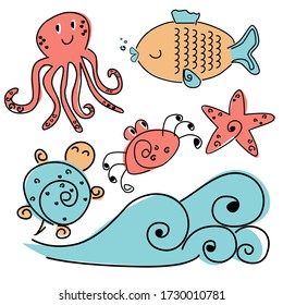 




waves.turtle.octopus vector. fish vector.crab vector.starfish vector.set of marine animals dancing in the ocean