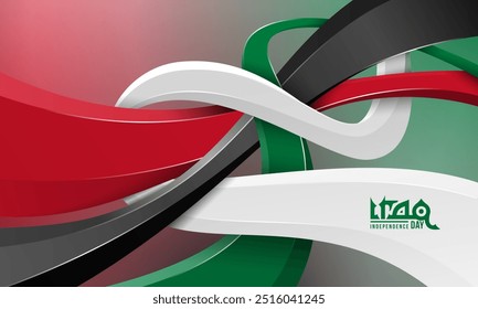 Waving 3d shapes of red green black and white on gradient background. Iraq independence day template. Iraq national day campaign