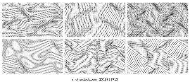 Waving abstract halftone rectangle set. square background twisted grunge dot, circle,  pop art. editable stroke.