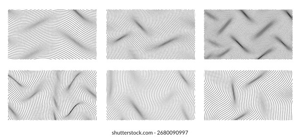 Waving abstract halftone rectangle set. square background twisted grunge dot, circle,  pop art. editable stroke.