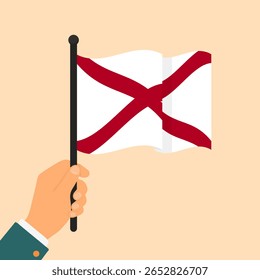 Vetor da bandeira do Alabama acenando. Ilustração para campanhas políticas, promoções do Dia em Memória às Vítimas de Guerra e projetos patrióticos de marca ou design envolvendo símbolos estatais dos EUA e patrimônio do Sul