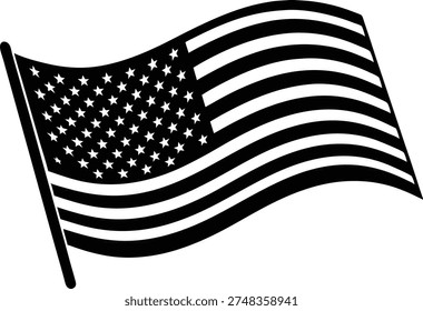 Waving american flag black white vector icon