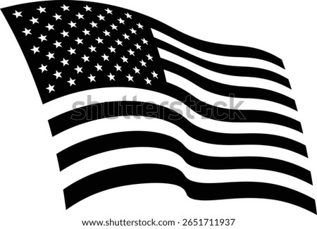 Waving American flag in black and white silhouette style