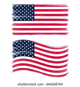 Waving american flag. Grunge style. Vector. 