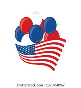 Waving american flag with inflatable balloons icon vector. American flag and balloons icon isolated on a white background. Balloons in american flag colors vector