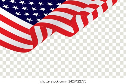 Waving american flag isolated on transparent on white. American or USA waving flag.