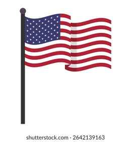 Waving American flag on flagpole. Vector illustration of the United States flag mounted on a vertical flagpole with a rounded finial