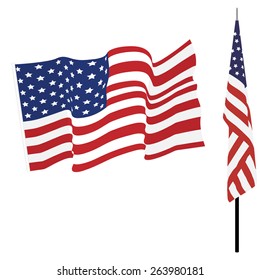 Waving american flag and flag on stand, usa flag vector set isolated