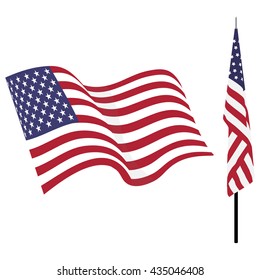 Waving american flag and flag on stand. Usa flag vector set isolated on white