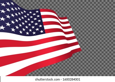 Waving American flag on transparent background. Vector illustration.