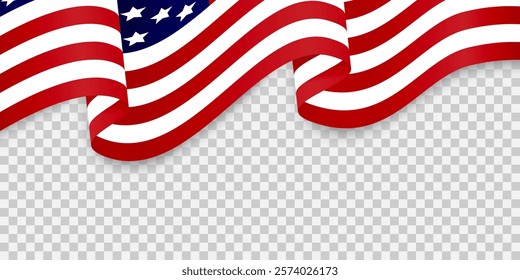 Waving american flag on transparent background. For patriotic design and celebration Independence Day 4th of July, Memorial, Veterans Day. Presidential inauguration design element.