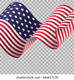 Waving American flag on transparent background. Patriotic holidays suitable. Independence day, Memorial day, Labor day. Vector illustration