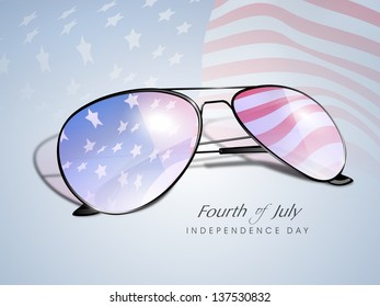 Waving American Flag reflecting in a sun glasses, Fourth of July independence Day concept.