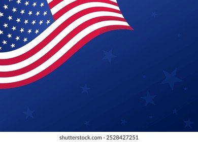 Waving American Flag with Stars on Blue Background Vector Illustration