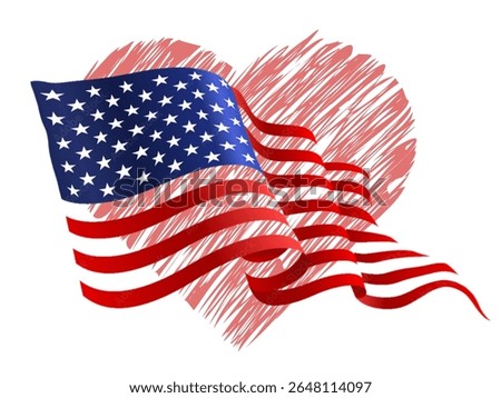 a waving American flag with its stars and stripes rendered in vibrant detail. Behind the flag, a large, lightly sketched red heart provides a backdrop
