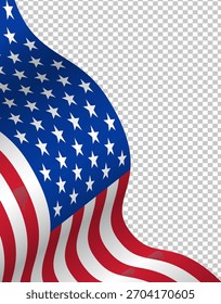Waving American flag with transparent background, stars and stripes visible.