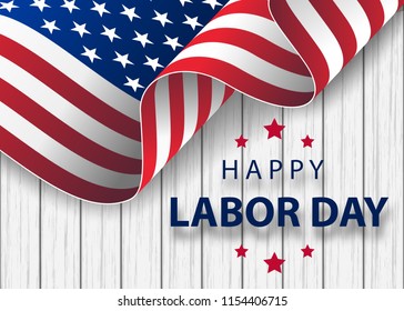 waving American flag with typography Labor Day, September 7th. Happy Labor Day holiday banner with brush stroke background in United States national flag colors and hand lettering text design.