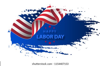 waving American flag with typography Labor Day, September 7th. Happy Labor Day holiday banner with brush stroke background in United States national flag colors and hand lettering text design.