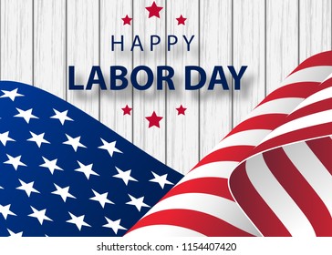 waving American flag with typography Labor Day, September 7th. Happy Labor Day holiday banner with brush stroke background in United States national flag colors and hand lettering text design.