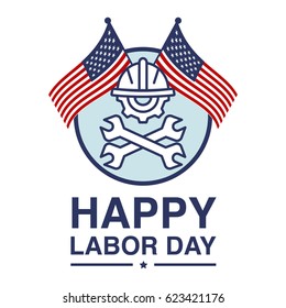 waving American flag with typography Labor Day, September 7th, United state of America, American Labor day design. Labor Day poster design with hand, crossing wrench, helmet and gear icon